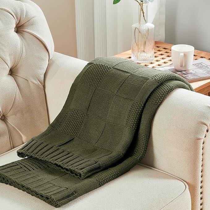 CozeCube Check Knit Throw Blanket, Olive Green Checkered Throw for Couch, Decorative Christmas Soft Cozy Warm Knitted Blanket for Bed Sofa Living Room, 50
