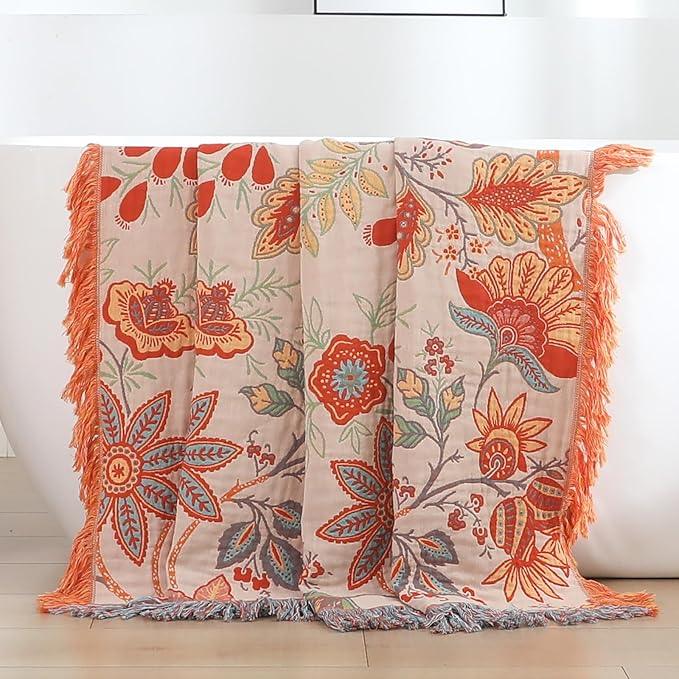 Boho Fall Throw Blanket for Bed，100% Ultra Cotton Soft Breathable Bed Throw Floral Printed Farmhouse Decor Rustic Bed Throws for Couch Sofa Quilt 60