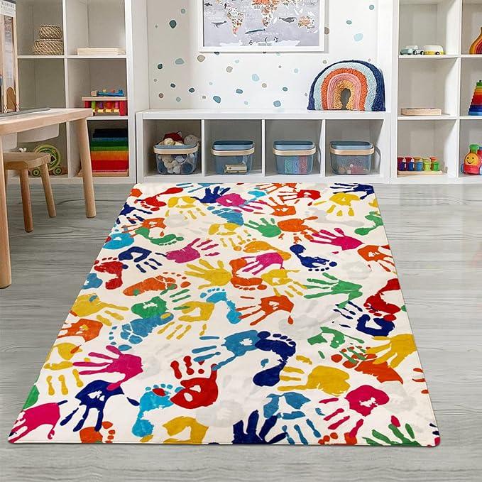 STARUIA Handprints and Footprints Large Kids Rug 5'x7', Washable Colorful Area Rug for Nursery Room, Non-Slip Play Mat Ultra Soft Indoor Carpet for Bedroom Playroom Classroom