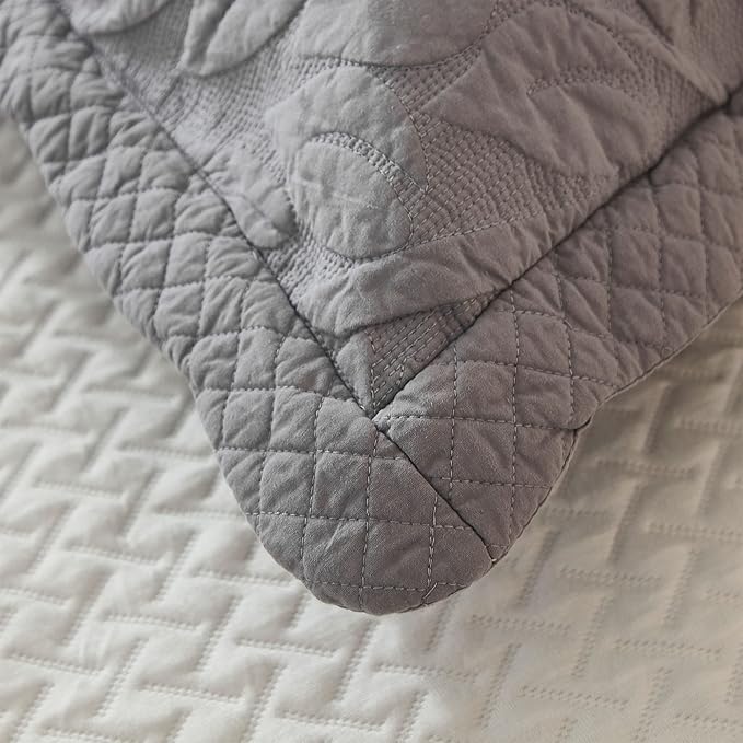 MarCielo 3-Piece 100% Cotton Oversized Bedspread Lightweight Quilt Coverlet Embroidery Farmhouse Bedding Set T0 (Light Grey, Oversized Queen (100