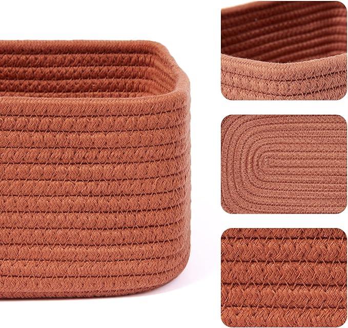 Small Storage Baskets for Organizing | Closet Organizer Bins | Shelf Toy Basket | Woven Rope Baskets | Cube Decorative Box | Shallow Basket | 11.5x7.5x4.7” | 3 Packs Oxide Red