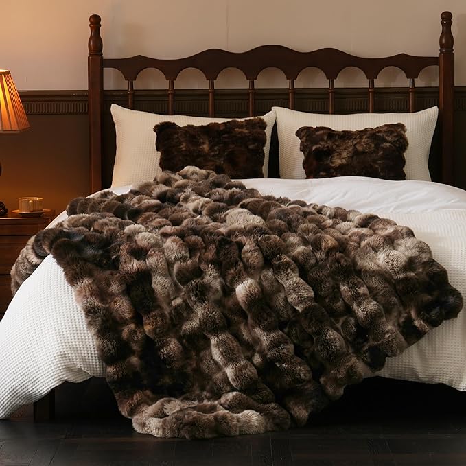 BENVWE Fluffy Faux Fur Throw Blanket for Couch, Soft Plush Thick Cozy Fuzzy Luxury Minky Bubble Blanket for Home Living Room Decor Gift for Women, Tie-dye Coffee, 50