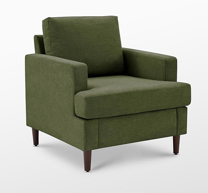 Mid-Century Accent Chair,Modern Linen Fabric Armchair for Living Room,Comfy Upholstered Reading Accent Chairs for Bedroom,Single Sofa Chair with Wood Legs (Green, 1 Pack)