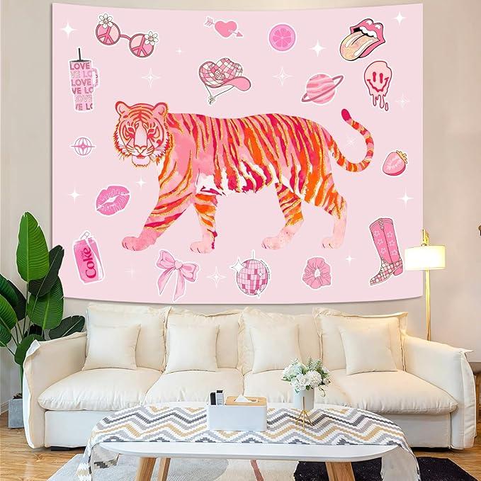 Lunerfex Y2K Tapestry Pink Tiger Wall Tapestry, Cute Tapestries for Bedroom Funny Tapestries Wall Hanging for Bedroom Living Room Decor Pink-3 44