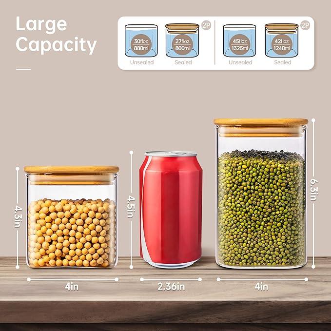 42oz & 27oz - 4 Pack Square Glass Jars with Bamboo Lids, Glass Food Storage Containers with Airtight Lids for Kitchen, Air Tight Pantry Storage Containers for Cereal, Pasta, Rice, Sugar, Coffee, Spice