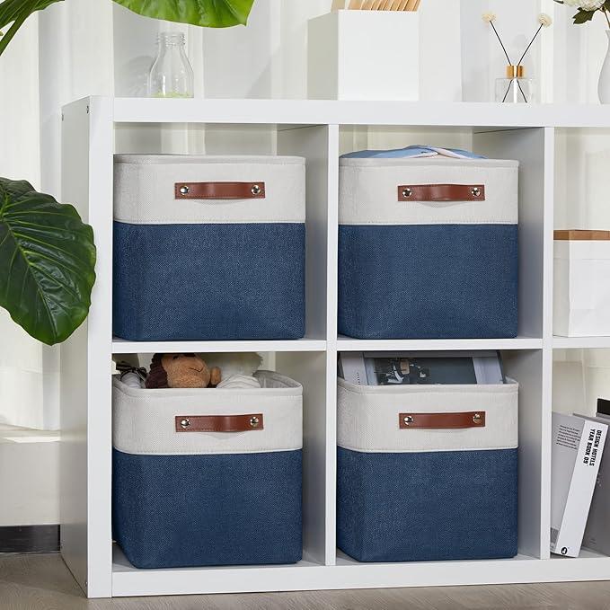 DULLEMELO [Set of 4 Storage Cubes Baskets for Organizing, 11 x 11 x 11 inch Cube Storage Organizer Bins with Leather Handles, Foldable Fabric Cloth Bins for Cube Storage(4 Pack - 11