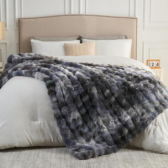 NEWCOSPLAY Faux Fur Throw Blanket Tie-dye Grey Luxury Fluffy Thick Warm Bubble Blanket for Couch Sofa Bed 700GSM (Tie-dye Grey, Throw(50