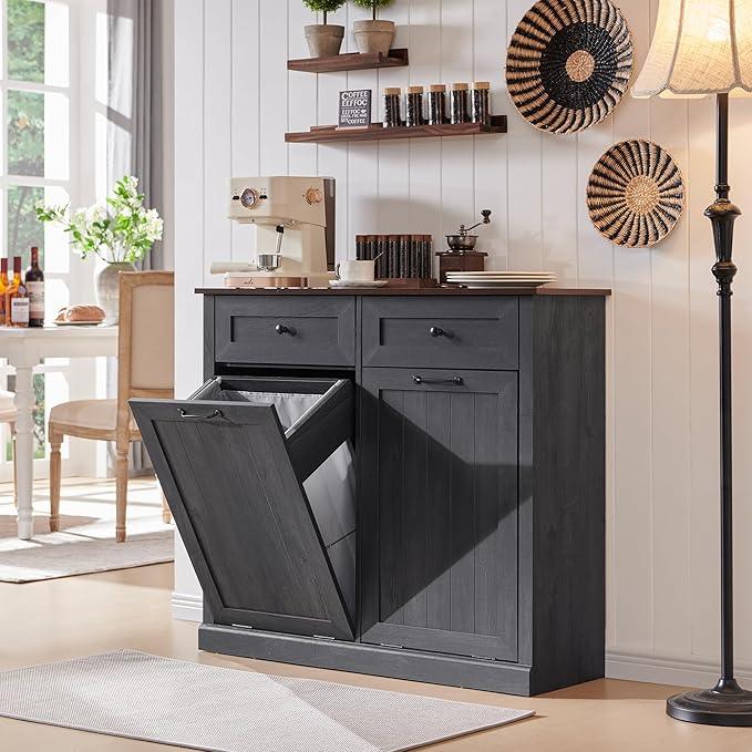 Double Tilt Out Laundry Hamper Cabinet, 20 Gallon Farmhouse Trash Can Cabinet with Drawer, Hidden Wood Garbage Can Bin Cabinet with Laundry Storage Basket for Bathroom, Kitchen, Dark Grey