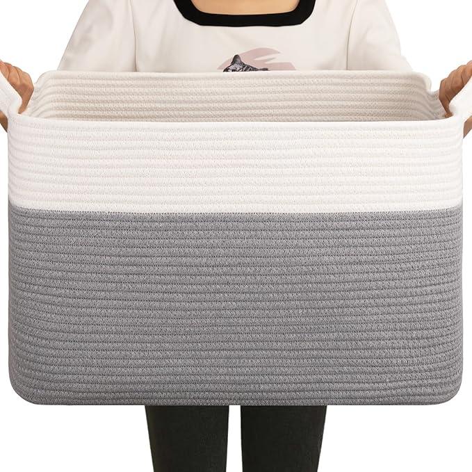 OIAHOMY 65L Blanket Basket, Cotton Rope Woven Blanket storage for Living Room, Rectangle Woven Baskets for Storage, 20''×16''×12'', Grey and White