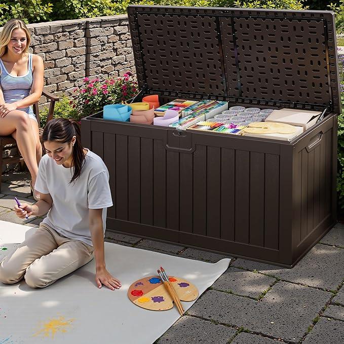 JUMMICO 250 Gallon Outdoor Resin Deck Box with Divider, Waterproof Storage Box with Lockable Lid&Side Handles for Garden Tools, Pools Supplies (Brown)