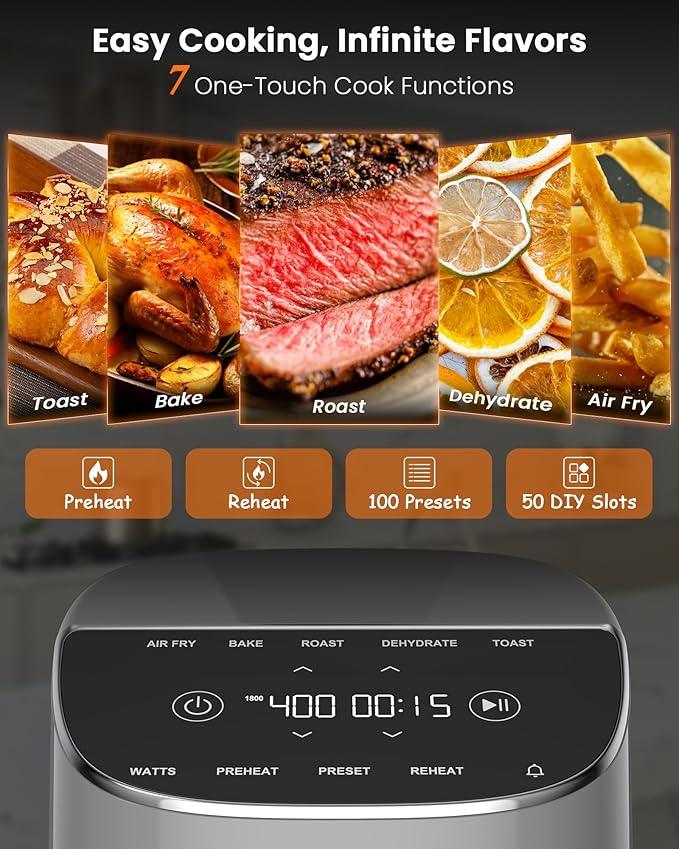 Nuwave Brio Plus Air Fryer 8 Qt, New & Improved, PFAS-FREE, 7 Digital One-Touch Cook Functions that AIR FRY, BAKE, ROAST, DEHYDRATE, TOAST, REHEAT, PREHEAT, 150 Presets, 50°F~400°F (Cool Gray)