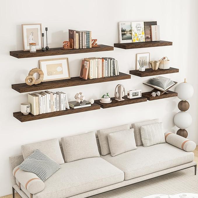 RICHFOCUS 16Inch Floating Shelves for Wall 2 Pack Shelves for Bedroom|Kitchen|Bathroom Wall Mounted Rustic Wood Floating Shelf with Invisible Brackets for Books|Storage|Decor, Rustic Brown