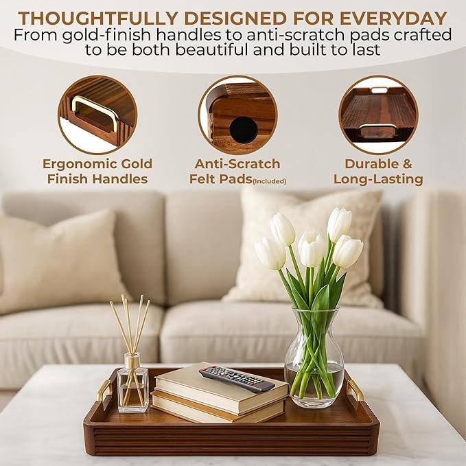 Acacia Wood Serving Tray with Metal Handles – 17x12in Rustic Decorative Ottoman & Coffee Table Tray for Breakfast in Bed, Dinner, Bar, Kitchen, Home Décor & Entertaining