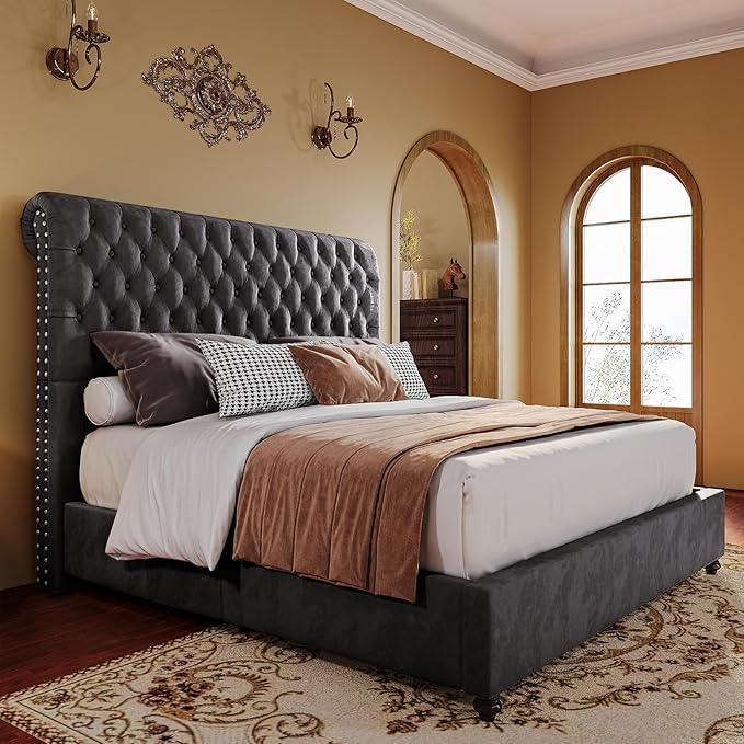 PaPaJet Bed Frame Queen Size Upholstered Platform Bed with 52.8'' Tall Sleigh Headboard, Button Tufted, No Box Spring Needed, Easy Assembly, Dark Grey
