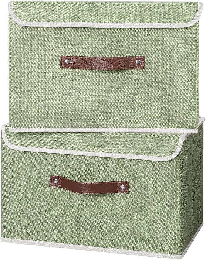 ANMINY 4PCS Storage Bins with Lid PU Leather Handles Storage Boxes PP Plastic Board Decorative Foldable Lidded Cotton Linen Fabric Home Cubes Baskets Closet Organizer Containers - Green, Large Size