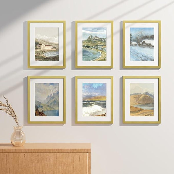 Vittanly 11x14 Picture Frames Set of 9, Shatter Resistant Plexiglass, Display 8x10 Pictures with Mat or 11x14 without Mat, Photo Frames for Wall or Tabletop, Engineered Wood, Gold