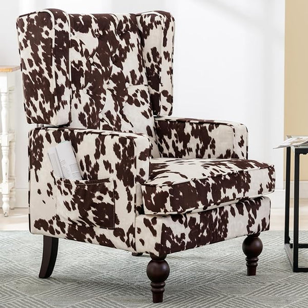 Mid-Century Accent Chair, Upholstered Arm Chair Linen Fabric Side Chair with High Back Solid Wooden Legs, Comfy Reading Chair for Living Room Bedroom, Milk Cow