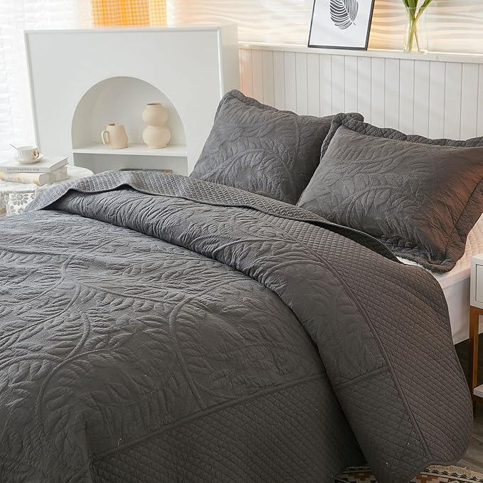 MarCielo 3-Piece 100% Cotton Oversized Bedspread Lightweight Quilt Coverlet Embroidery Farmhouse Bedding Set T0 (Dark Grey, Oversized King (118