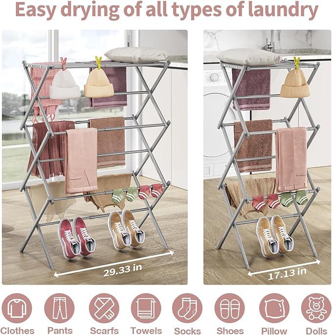 APEXCHASER Clothes Drying Rack, 3-Tier Laundry Drying Rack for Clothes, Expandable Metal Clothing Dryer, Collapsible Towel Rack, Air Drying Rack, Grey