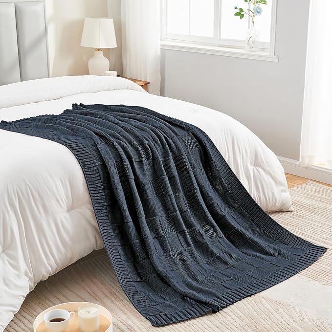 CozeCube Check Knit Throw Blanket, Midnight Navy Checkered Throw for Couch, Decorative Christmas Soft Cozy Warm Knitted Blanket for Bed Sofa Living Room, 60