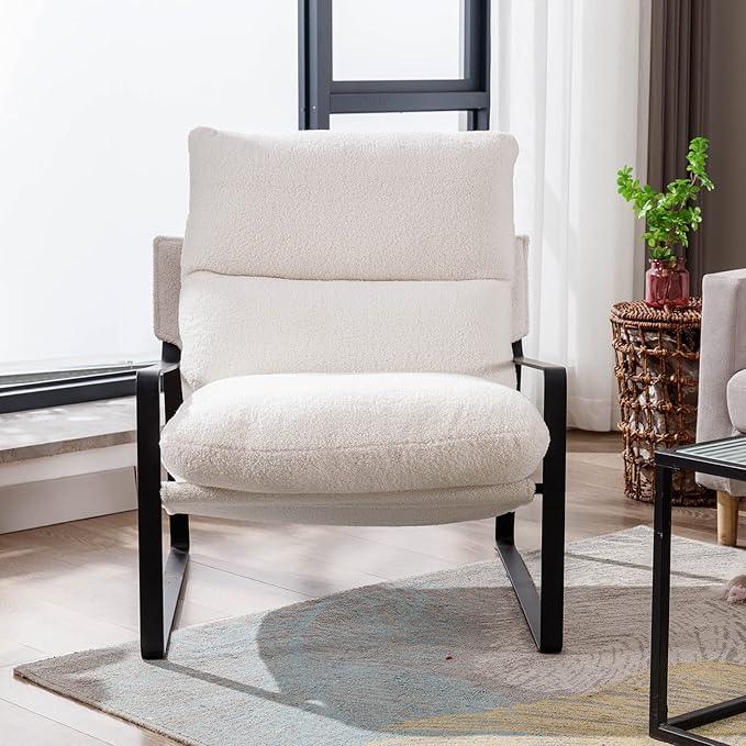 DUOMAY Modern White Sherpa Accent Chair Set of 2, Comfy Lounge Lazy Chair with Metal Leg, Mid-Century Corner Arm Chair for Living Room Bedroom Office Apartment