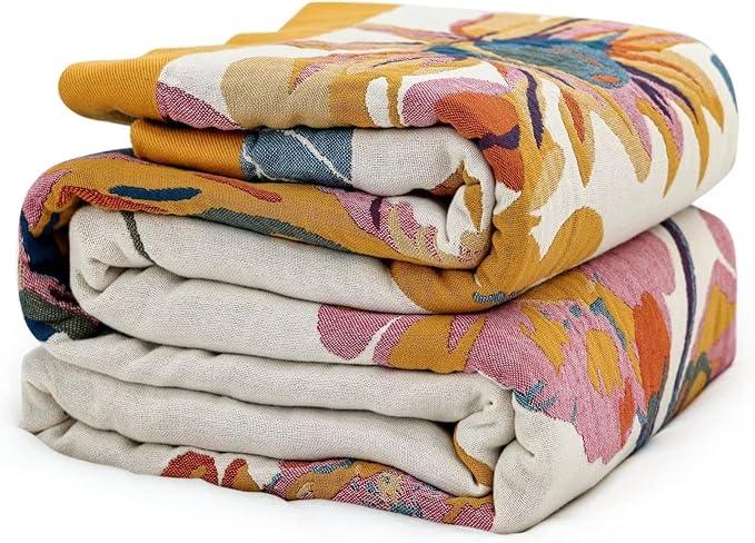 100% Cotton Throw Blanket for Bed Couch Summer 98''x 98'' Super Soft Muslin Blankets Warm Boho Quilt Lightweight Farmhouse Decorative Bed Blankets