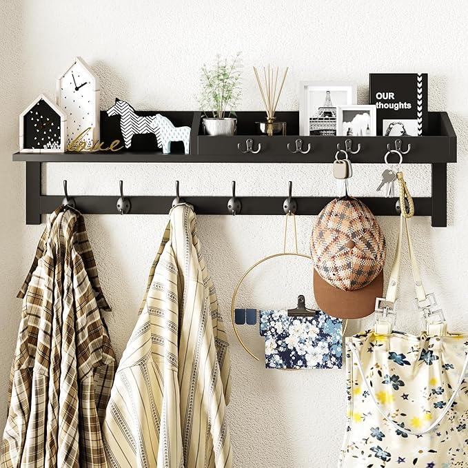AMBIRD 35 inch Wall Hooks with Shelf, Coat Rack Wall Mount, Large Coat Hanger for Wall, Entryway Shelf with 7 Dual Coat Hooks, 4 Key Hooks and Mail Organizer, Wooden Key Holder Rack (Black)