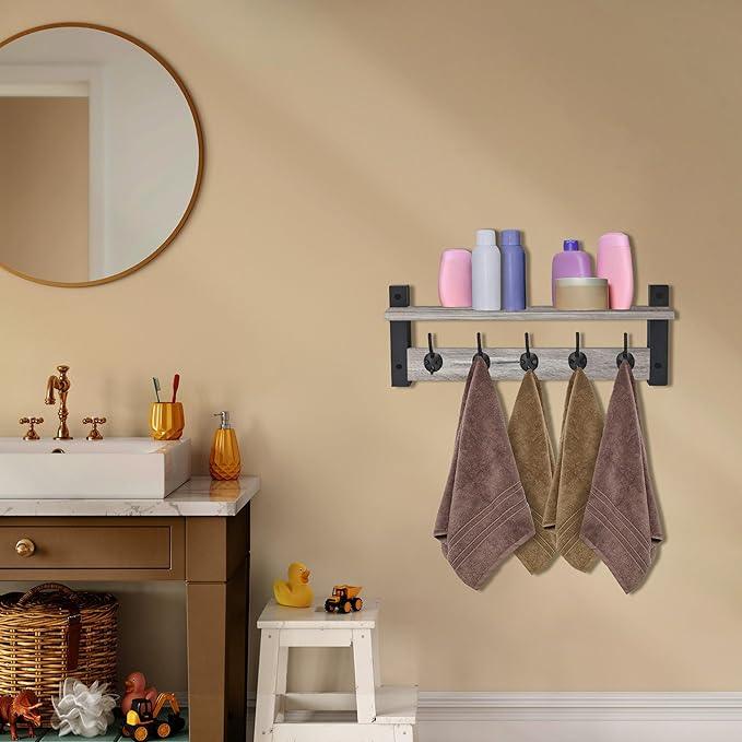 Sorbus Coat Hooks Wall Mount with Shelf – 24 Inch Coat Rack Wall Mount with 5 Heavy Duty Hooks – Floating Wall Shelf with Hooks for Entryway, Bathroom, Bedroom, Kitchen, or Mudroom (Gray)