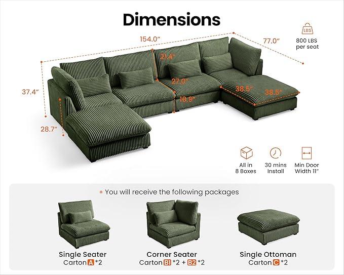 Oversized Modular Sofa, Extra Deep Cloud Corduroy Sectional Couch with Ottoman Chaise, Fluffy Chenille 6 Seat U-Shaped Sofa for Living Room, Villa (U Shape 6 Seater, Corduroy Green)