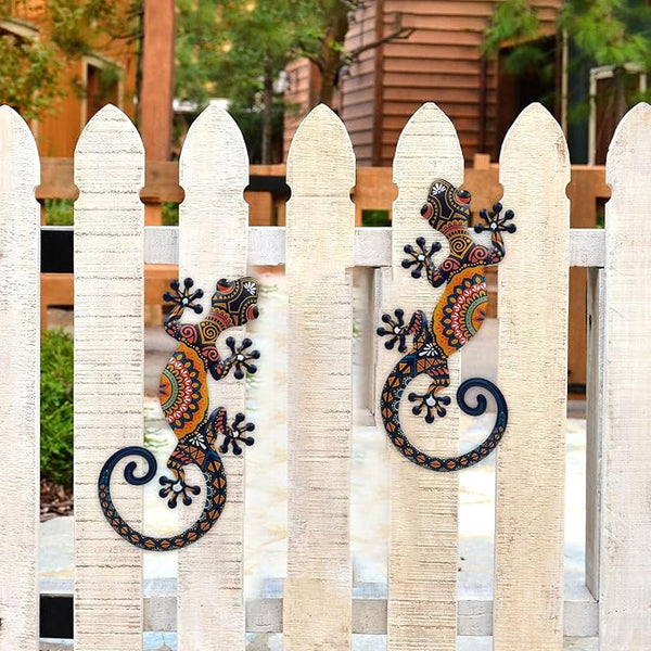 LIFFY Metal Lizard Gecko Wall Art - 2 Pack 15 Inch Metal Wall Decor, Lizard Outdoor Hanging Glass Sculpture Decoration for Yard Garden Art, Patio Fence Home, Unique Gift Ideas