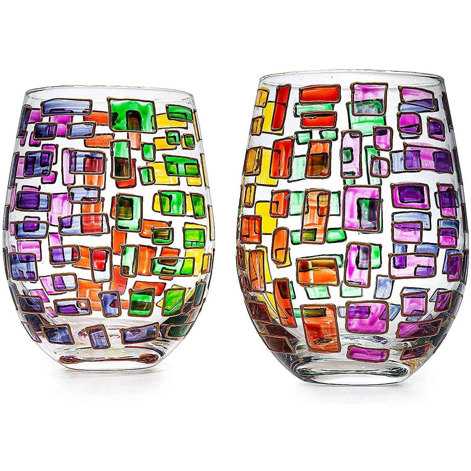 The Wine Savant Renaissance Stained Glass Windows, Artisanal Hand Painted Glassware Gift Idea Her, Him, Birthday, Mom, Housewarming, Gifts Ideas for Women & Men Art Deco (Stemless Wine Glasses)