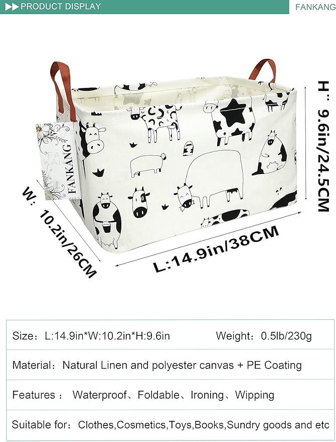 FANKANG Storage Basket,Nursery Hamper Canvas Laundry Basket Foldable with Waterproof PE Coating Storage, Office, Bedroom, Clothes,Toys(L, Rec-cows)