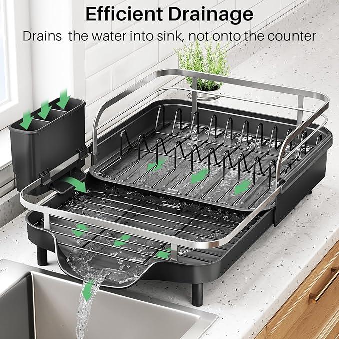 Dish Drying Rack, Expandable Dish Rack for Kitchen Counter, Stainless Steel Dish Drainer with Drainboard Set and Utensil Holder (Black)