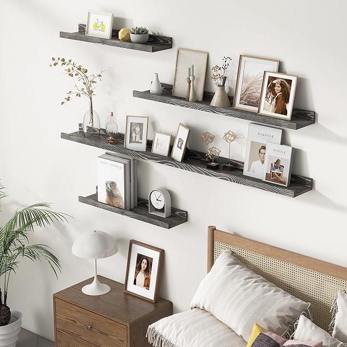 Picture Ledge Wall Shelves - 24 Inch Width Set of 3, Solid Pine Wood Rustic Floating Ledge Shelves for Kids' Room, Bedroom, Kitchen, Bathroom, Living Room, Nursery Display Wall Decor, Grey