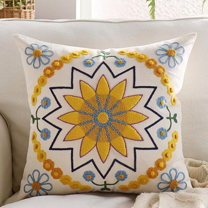 Embroidered Throw Pillow Cover 18x18 Classic Boho Floral Pattern Pillows Cover Outdoor Decorative Pillowcase,Durable Cozy Textured Cushion Case for Sofa Couch Bed Living Room,Yellow