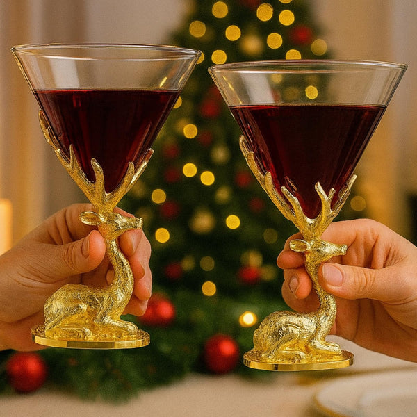 Stag Antler Cocktail Glasses Set of 2 Gold Deer Design Elegant Animal Inspired Barware