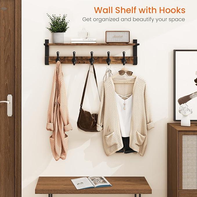 Homode Coat Rack Wall Mount, 29 Inch Long Shelf with Hooks, Wood Entryway Shelf with 5 Hangers for Hanging Hat Jacket Backpack Purse, Rustic Brown Black