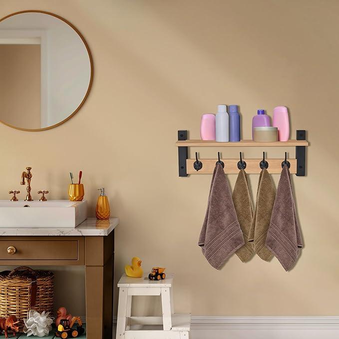 Sorbus Coat Hooks Wall Mount with Shelf – 24 Inch Coat Rack Wall Mount with 5 Heavy Duty Hooks – Floating Wall Shelf with Hooks for Entryway, Bathroom, Bedroom, Kitchen, or Mudroom (Maple Wood)