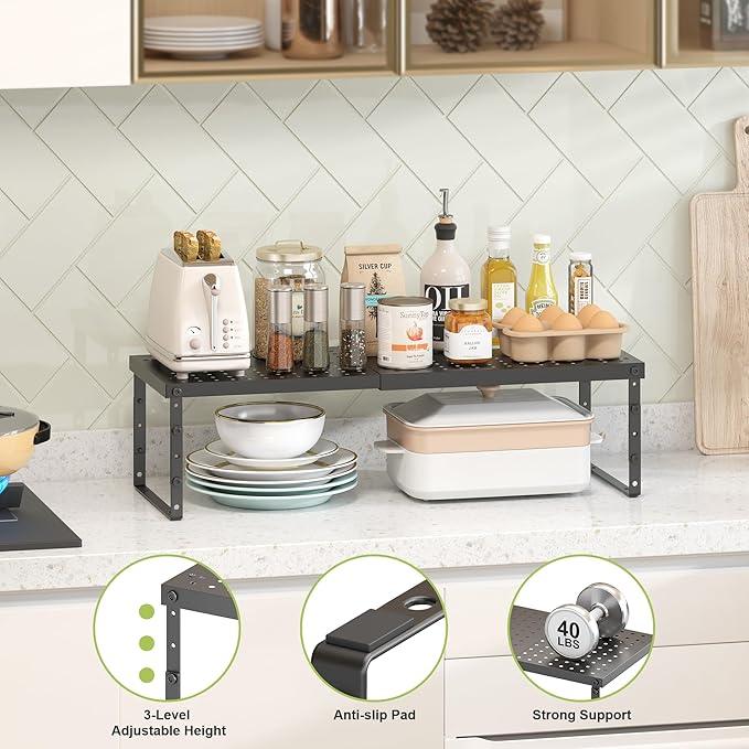 Expandable Cabinet Organizer Shelf With Adjustable Height, Stackable Kitchen Countertop Organizer Rack, Adjustable Shelf Riser For Kitchen Counter, Pantry, Cupboard, Desk, Tabletop