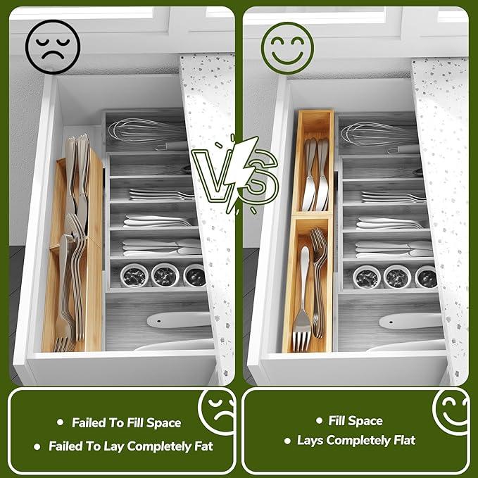 BAMEOS Kitchen Drawer Organizer,Small Silverware Drawer Organizer,Bamboo Utensil Organizer for Bathroom, Dressing Room, Office, Pantry (Natural, 11