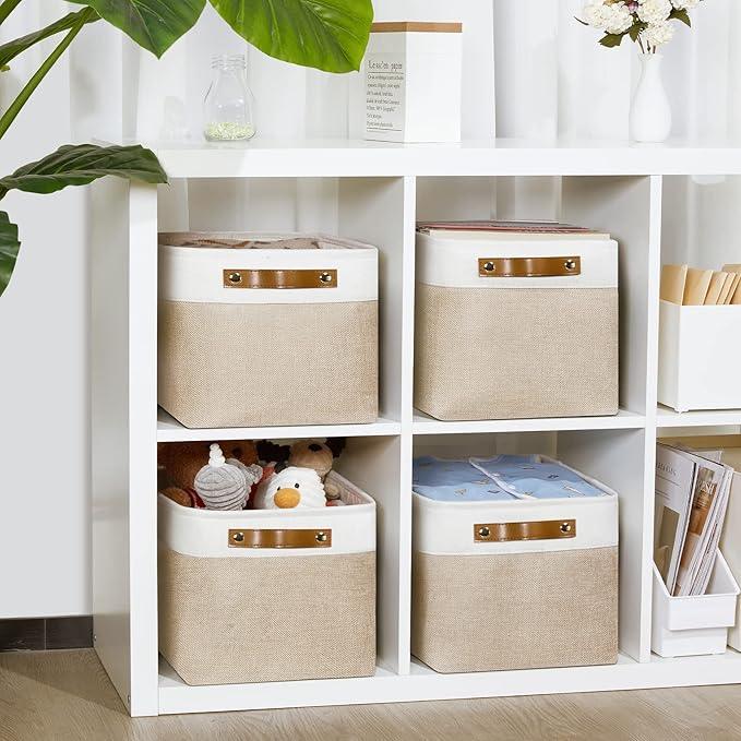 DULLEMELO Fabric Storage Bins for Laundry, Home, Foldable Storage Baskets for Shelves, Toys, Collapsible Storage Bins for Office, Closet,Bedroom(White&Khaki,15