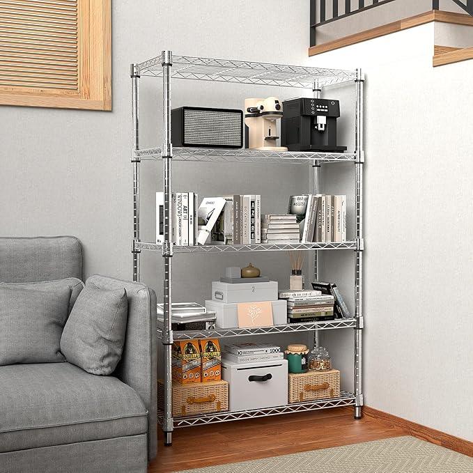1250 lbs Steel Heavy Duty 5-Tier Utility Shelving Unit Steel Organizer Wire Rack for Home,Kitchen,Office,Chrome (13.7