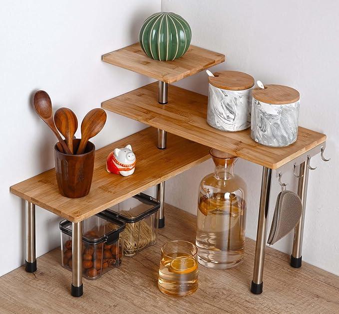 HYNAWIN Corner Shelf Bamboo & Metal Storage Spice Rack, 3 Tier Desk Bookshelf Display Shelves Space Saving Organizer, Adjustable Rack for Kitchen, Bed Room, Office-Best Home Décor (Upgraded Shelf)