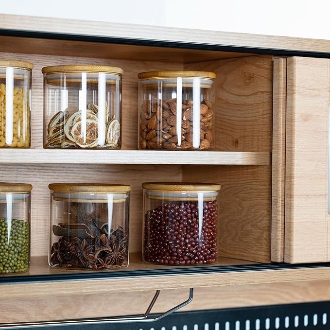 22oz Airtight Square Spice Containers with Bamboo Lid Set of 6 (650ml) Kitchen Pantry Organization Jar Stackable Spice Jar, for Sugar, Tea, Cookies and Coffee beans (‎with Black Lable)