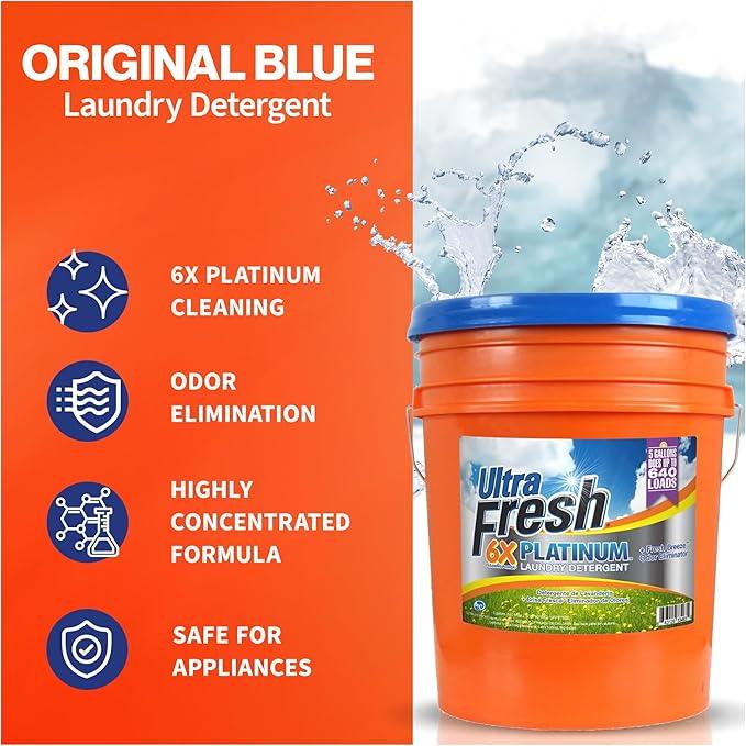 Ultra Fresh 5 Gallon Liquid Laundry Detergent Washing Soap for All Machine Types, 6X Platinum, Up to 640 Loads, Fresh Breeze