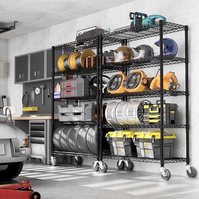 5-Shelf Storage Shelves,Wire Shelving Heavy Duty Metal Storage Shelving Unit Adjustable Garage Shelving Rack Pantry Kitchen (Black, 5 Tier,17.7