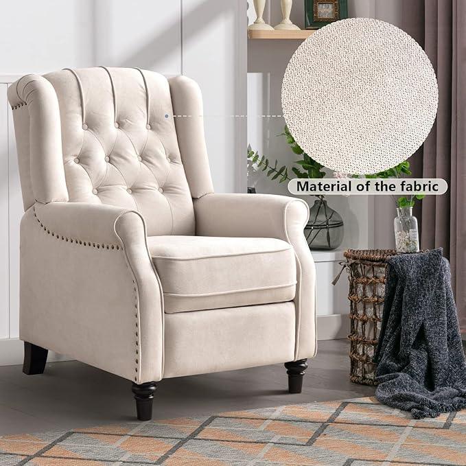 CANMOV Push Back Recliner Chair Set of 2, Elizabeth Fabric Recliner with Tufted Back Home Theater Seating w/Padded Seat and Nailhead Trim, Wooden Legs, Adjustable Single Sofa，White