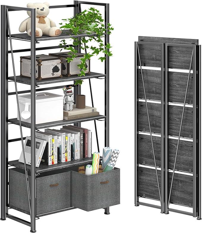 4NM No Assembly Foldable Bookshelf, 5-Shelf Collapsible Bookcase Storage for Small Spaces, 62.2