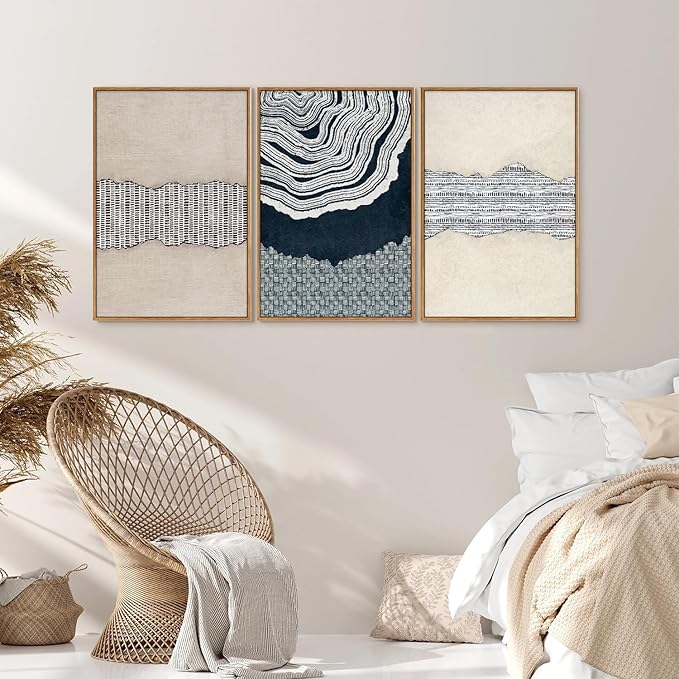 SIGNINART Blue and Beige Framed Canvas Wall Art Set, Neutral Abstract Tree Ring Wall Decor, Minimalist Dots and Line Artwork, Geometric Pattern Art Paintings for Living Room, Bedroom, Office 16