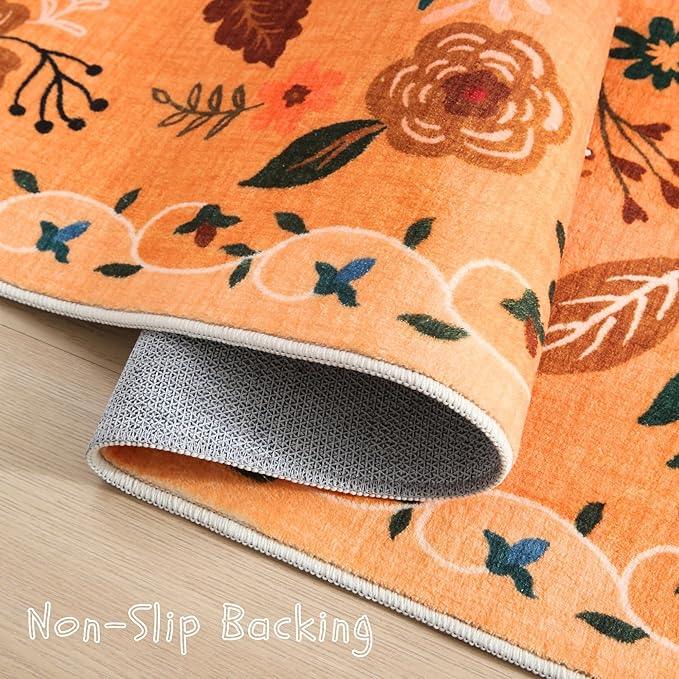 Area Rug 4x6 Rug Washable Boho Rugs Non Slip Low Pile Floral Small Carpet for Bedroom, Bedside, Kids Room, Office, Dining Room(Yellow)